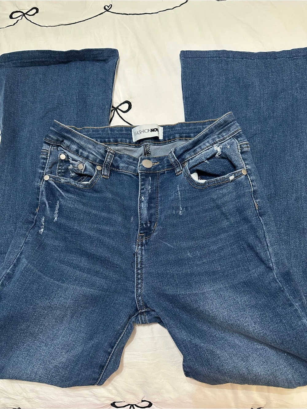 Fashion Nova Medium Blue Straight-Leg Distressed Jeans
